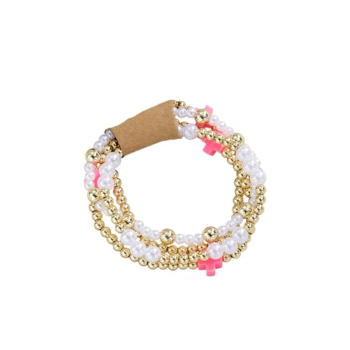 Pingyongchang Gold Beads Stackable Cross Bracelets for Women Boho Handmade Imitation Pearl Cross Beaded Elastic Stretch Bracelet Friendship Jewelry Gift