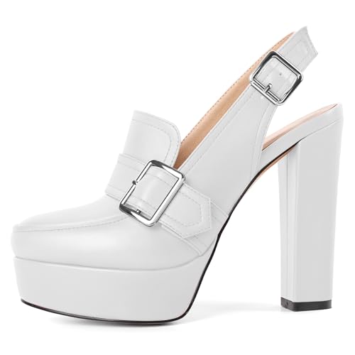 Image of Women's High Heel Loafers Platform Pumps Round Toe Heels Chunky Heel Pumps Stylish Comfortable 4.8 Inch Slingback Heels