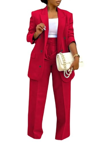 Vakkest Pant Suits for Women Dressy 2 Piece Outfit Business Casual Blazer Jackets and Wide Leg Work Office Slacks Set