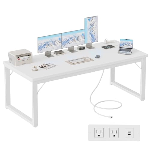Image of Mericonia 63 Inch Computer Desk with Power Outlets, 1.2 inch Thick Office Table | Modern Simple Style, Heavy Duty Industrial Frame, Large Study & Writing Table for Home Bedroom Work, White