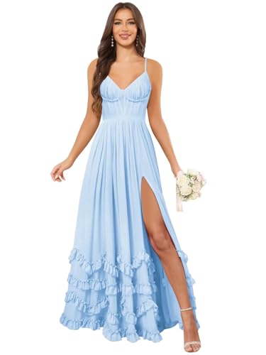 CDSSL Spaghetti Straps V Neck Corset Chiffon Bridesmaid Dresses for Wedding Ruffle Tiered Long Light Blue Formal Maxi Gown with Slit for Women Size 8