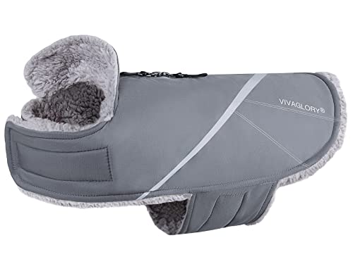 VIVAGLORY Frostfit Dog Coat, Jacket with Harness Hole & Velcro Closure, Dog Coat for Winter & Cold Weather, Fluffy Warm Fleece Lined Reflective Water Resistant for Puppy, XXS, Grey