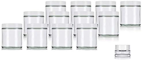 JUVITUS 4 oz / 120 ml Clear Thick Glass Straight Sided (12 pack) + Small Glass Balm Jar (White Smooth Lid)