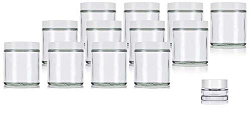 Juvitus 4 Oz / 120 Ml Clear Thick Glass Straight Sided (12 Pack) + Small Glass Balm Jar (White Smooth Lid) #TOP6