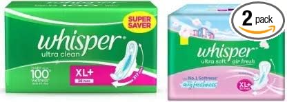 Whisper Ultra Soft + Ultra Clean 30 Pcs Each Sanitary Pad (Pack of 2)