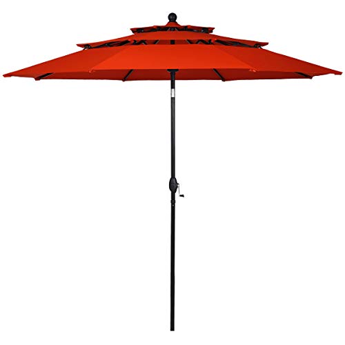 Tangkula 10 Ft 3 Tier Patio Umbrella, Outdoor Umbrella W/Double Vented, Market Table Tilt Umbrella with Crank, Outdoor Aluminum Umbrella for Market, Backyard, Pool, Garden (Orange)