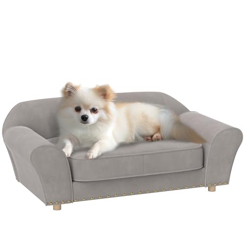 PawHut Hundesofa für kleine Hunde, Hundebett mit abnehmbarem und waschbarem Kissen, Haustiersofa mit Nietendekoration, 10 kg, Grau