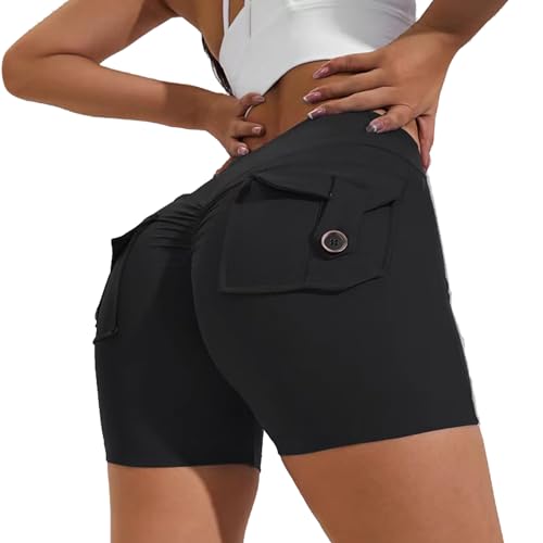 Seamless Yoga Workout Shorts with Pockets for Women High Waisted Scrunch Butt Lifting Athletic Running Shorts Black