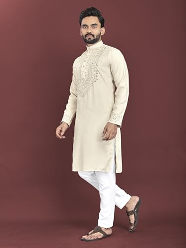 Men's Kurta set mirror work with Pajama for indian festival wedding Soft Silk Ethnic Wear (BB-KN) (White, XX-Large)3