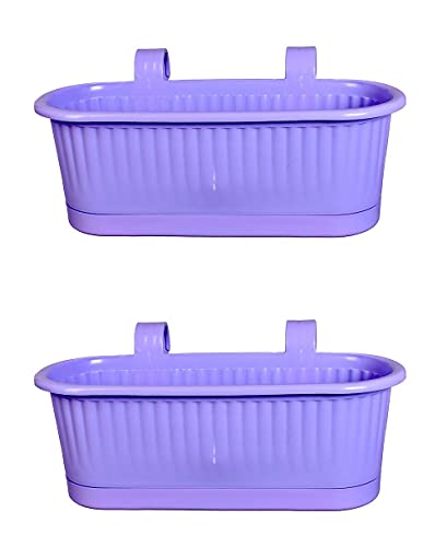mastBus Plastic Rectangle Hanging Plant Pots for Balcony Railing, Indoor/Outdoor, Colorful Gardening Containers (Purple, 15 inch, 2 Pieces)