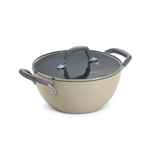 Image of TRAMONTINA Velo 22cm /2.9L Forged with Ceramic Reinforced Interior Kadai | Tempered GlassLid | Kadhai for Curry Deep-Fry Stir-Fry | Silicone Grip Handles | Gas /Induction | Cook & Serve | Sand Beige