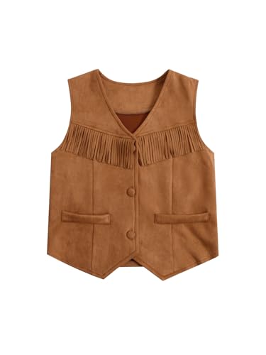 Girl's Tassels Sleeveless Vest 70s Hippie Faux Suede Boho Western Cowgirl Fringe Jacket Cardigan