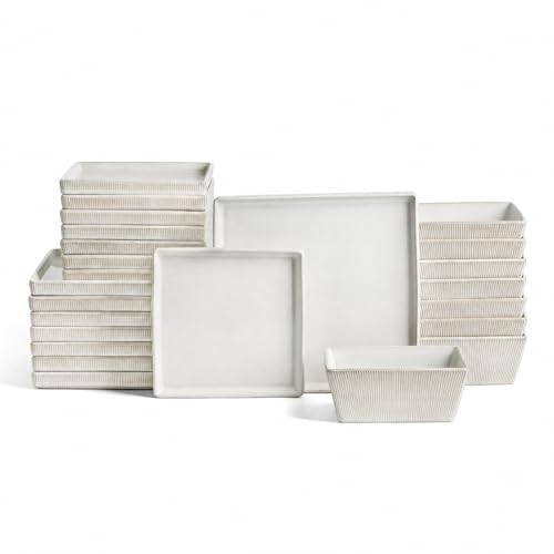 Image of Stone Lain Grace Stoneware 24-Piece Modern Square Dinnerware Set, Ribbed Plates and Bowls Set, White