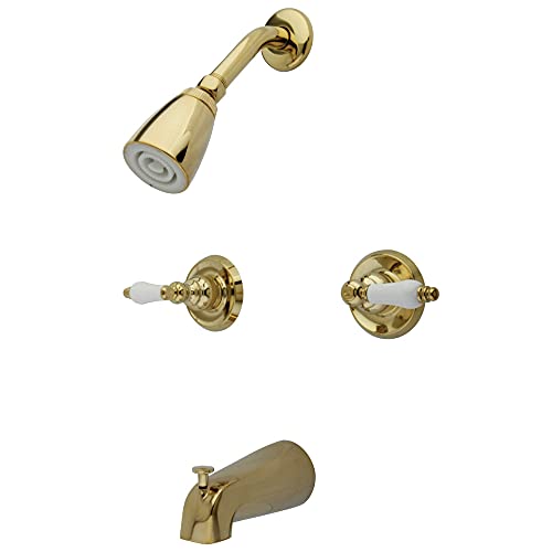 Kingston Brass KB242PL Twin Handle Tub and Shower Faucet with Decor Lever Handle, Polished Brass,5-Inch Spout Reach
