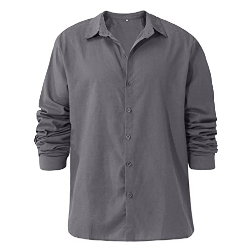 Men's Linen Button Down Shirts Casual Long Sleeve Summer Beach Shirt Tops Lightweight Solid Color Loose Fit Shirt (Grey,Medium)