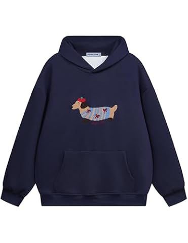Aelfric Eden Cartoon Dog Hoodie męska bluza z kapturem oversized bluza z długim rękawem Y2K Hoody z kapturem Basic Vintage Hooded ze wzorem, uniseks, sportowa odzież uliczna, niebieski morski, XXS