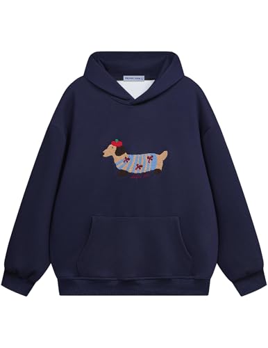 Aelfric Eden Cartoon Dog Hoodie Felpa Uomo Felpa con Cappuccio Donna Vintage Hooded Sweat Basic Sweatshirt Casual Blu Navy, M