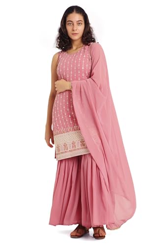 Image of SHOPPING QUEEN Women's Georgette Straight Kurta Sharara Set with Dupatta
