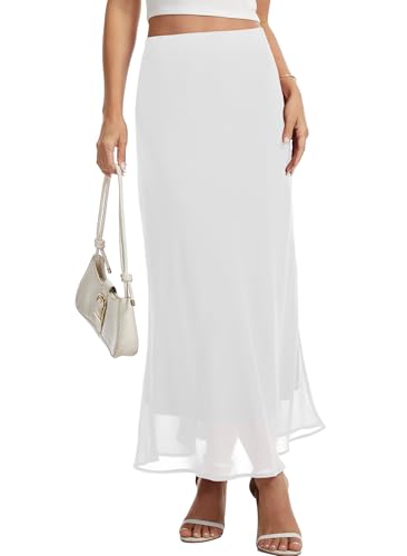 VIISHOW Womens White Chiffon Skirt for Summer Beach Vacation High Waisted Flowy Long Skirt Non See-Through Double Layered Midi Skirts White Large