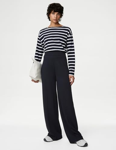 Image of Solid Navy Blue Viscose Womens Wide Leg Jersey Stretch Trousers