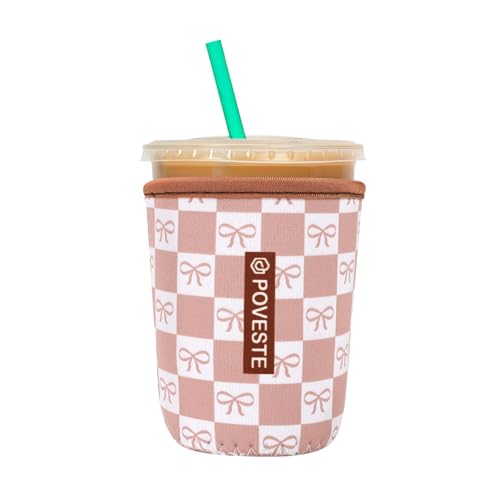 Image of Reusable Neoprene Insulator Sleeve for Iced Coffee & Cold Soda, Coffee Sleeves for Iced & Hot Drinks, Cold Beverage Cooler Compatible with Starbucks, Dunkin (MochCheckerboad&Bow, Small: 16-18oz)