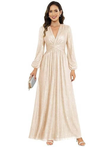 Image of Women's Formal Wedding Guest V Neck Glitter Sequins Mother of The Bride Dresses Long Sleeve