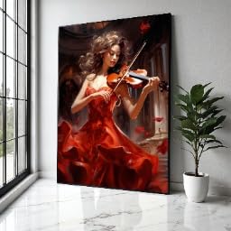 Violoniste en robe rouge : une peinture romantique pleine d'émotion et de poésie