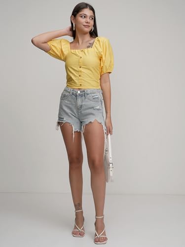 Image of Tokyo Talkies Women's Puff Sleeves Shirt-Style Crop Top | Chic & Trendy | Perfect for Casual Outings & Weekend Brunches | Tops for Woman | Women Tops | Stylish Top