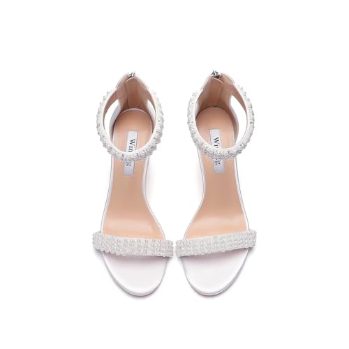 Image of Block Heel Wedding Sandals Pearl Heels Open Toe Wedding Shoes for Bride Bridal Shoes
