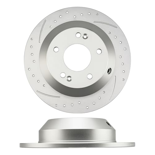 Image of KAX Rear Brake Kit, Drilled and Slotted Brake Rotors, Ceramic Brake Pads | Fits Kia Sorento 2011-2014, Hyundai Santa Fe 2010-2016, Automotive Replacement Brake Kit