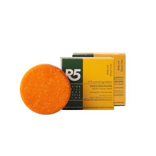 R5, Gel Douche Solide Nourrissant, Lot de 2, 97% d’Ingrédients d’Origine Naturelle, Amidon de Riz et Huile de Coco, Parfum Floral, Testé Dermatologiquement et au Nickel, Vegan, Fabriqué en Italie