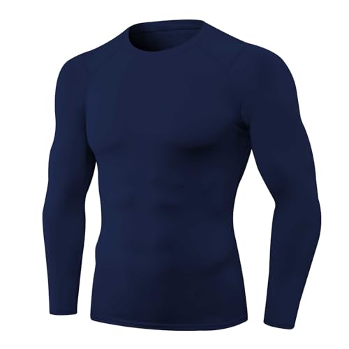Navy Blue Compression Shirt Men Running Workout Long Sleeve Quick Dry Base Layer Athletic T-Shirt...