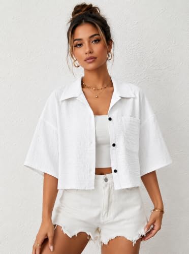 Image of Jacket for Women Stylish Cropped | Trendy Half Sleeve Button Down Casual Top | Loose Fit Shrug for Beach & Resort Outfits | Fashionable Lightweight Jacket (28 K-1-4)