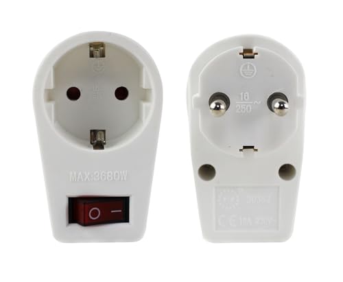 Enchufe con interruptor para la toma de corriente Adaptador enchufe para 1 tomas de tierra, enchufe con mayor protección accidental PACK 2 (blanco)