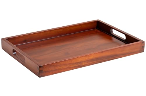 Acacia Wood Serving Tray with Handles, 17.5x12 – Decorative Serving Trays Platter for Breakfast in Bed, Lunch, Dinner, Appetizers, Patio, Ottoman, Coffee Table, BBQ, Party –Great for Lap & Couch