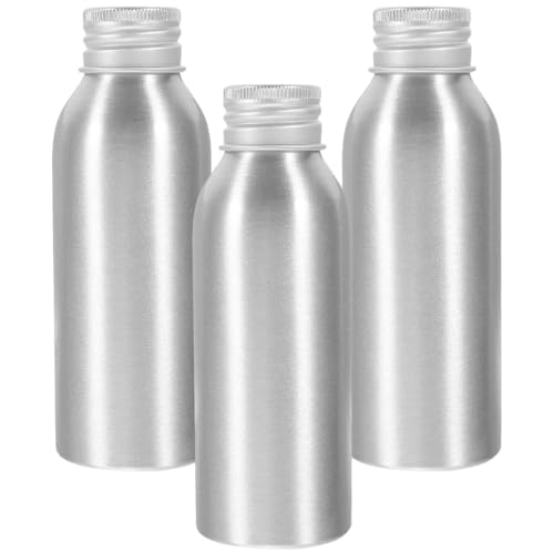 Homoyoyo Botellas de viaje vacías de aluminio de 100 ml, juego de 3 recipientes redondos de metal para loción, champú y aceites esenciales con tapas de rosca para viajes y almacenamiento
