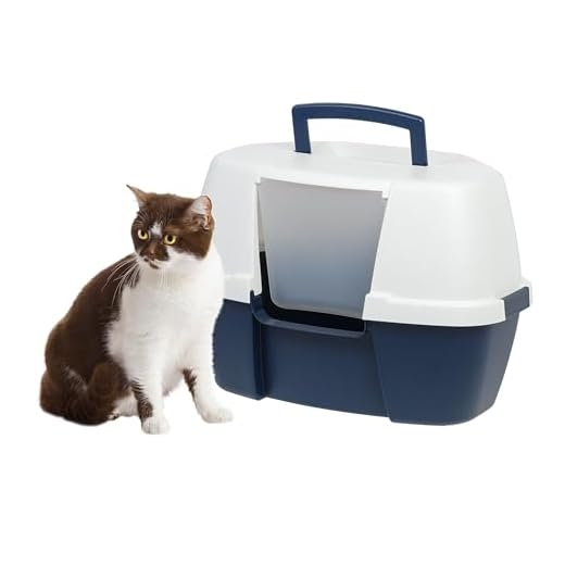 IRIS USA Large Corner Cat Litter Box with Lid | Enclosed Design, Handle & Buckles, Navy/White