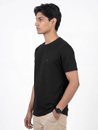 Image of DAMENSCH Men's Striped Texture, Cotton-Rich Comfort, Regular Fit, Solid Colours Striped T-Shirts