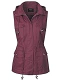 MixMatchy Women's Drawstring Lightweight Loose Fit Sleeveless Vest Utility Jacket Burgundy L
