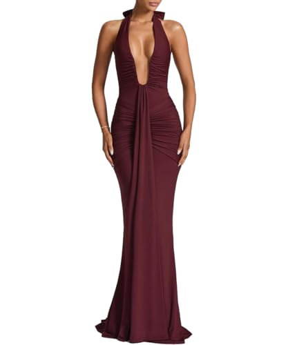 Womens Sexy Deep V-Neck Maxi Dress Sleeveless Halter Ruched Bodycon Formal Cocktail Party Evening Dresses Wine Red S