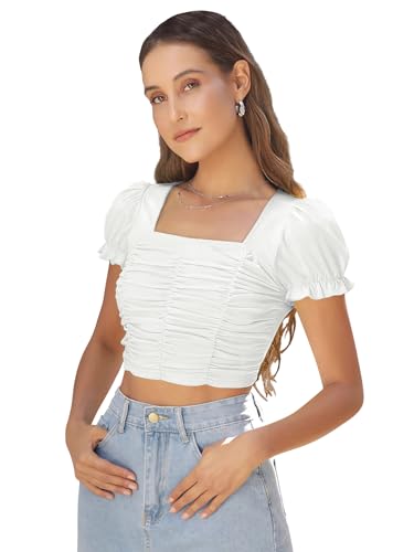 LONDON BELLY Women's Solid | Floral Puff Sleeve Elastic Crop Top ...