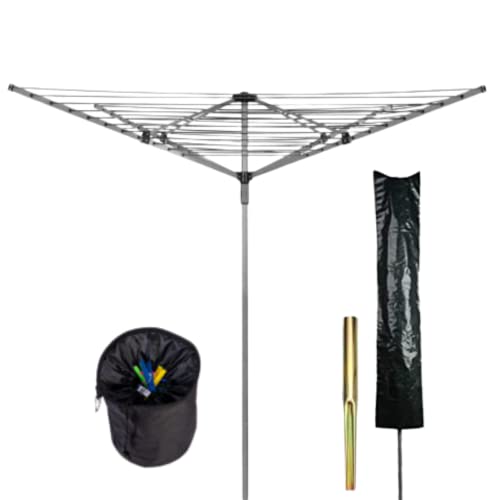 RTS 4 Arm Rotary Airer Foldable 40m 50m 60m Clothes Washing Line Dryer Cover & Spike 5 Arm Folding Home Laundry PVC Outdoor 26m Adjustable Heavy Duty Ground Wall Mounted (4 Arms 50m Rotary Airer)