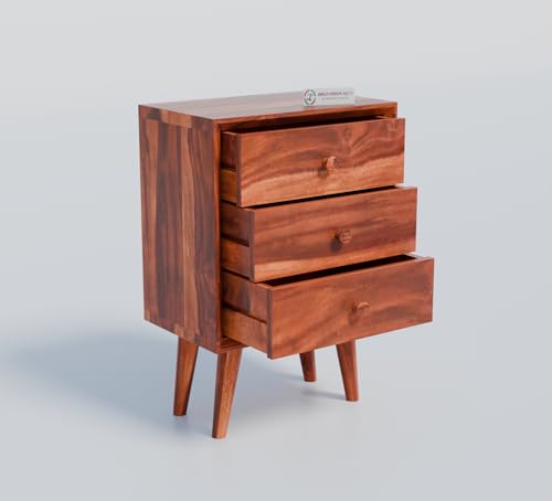 Image of Jangid Handicraft Solid Sheesham Wood Bedside Table for Bedroom | Wooden Bed Side Nightstand End Table with 3 Drawer Storage for Home & Living Room | Sofa Side Table |Rosewood, Honey Finish