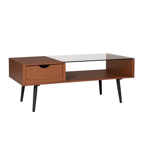  - Walker Edison Montclair Mid Century Modern Glass Top 1 Drawer Coffee Table, 42 Inch, Glass and Acorn