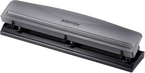 Image of Bostitch Office Premium 3 Hole Punch, 12 Sheet Capacity, Metal, Rubber Base, Easy-Clean Tray, Silver, Gray (Pack of 6)