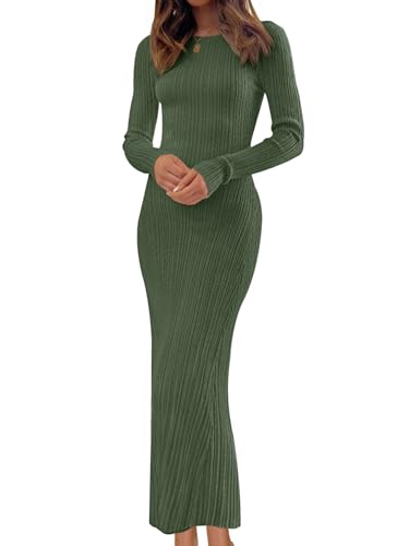 MEROKEETY Women's 2025 Long Sleeve Bodycon Sweater Dress Fall Crew Neck Ribbed Knit Maxi Dresses, ArmyGreen, S