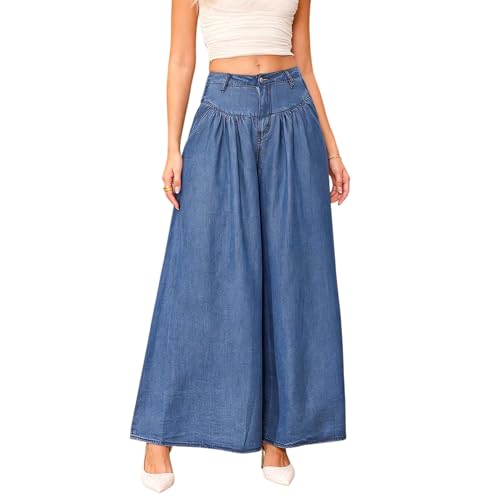 CFNZER - CFNZER Women's Wide Leg Jeans High Waist Loose Pleated Denim Pants Blue (8% Off Amazon Deal)