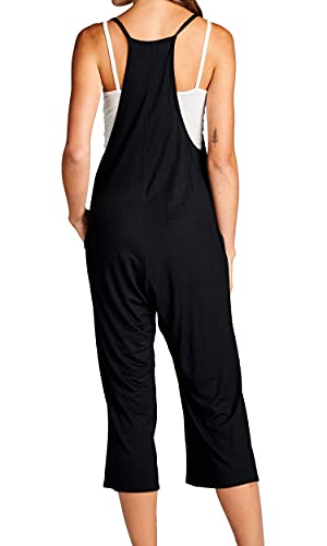 Loving People Women's Solid Spaghetti Strap V Neck Loose Fit Capri Jumpsuit, Small, Black #TOP4