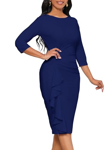 Image of Church Dresses for Women 3 /4 Sleeve Ruffle Vintage Bodycon Cocktail Work Midi Pencil Dress