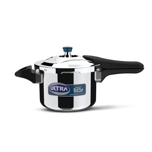 Image of Ultra Duracook Triply Pressure Cooker 3 Litre | AISI 304 Food Grade Stainless Steel Cooker | 5 Years Warranty | Injection Moulded Handles | Induction Compatible | 1.2 MM Lid Thickness | SCTS Base